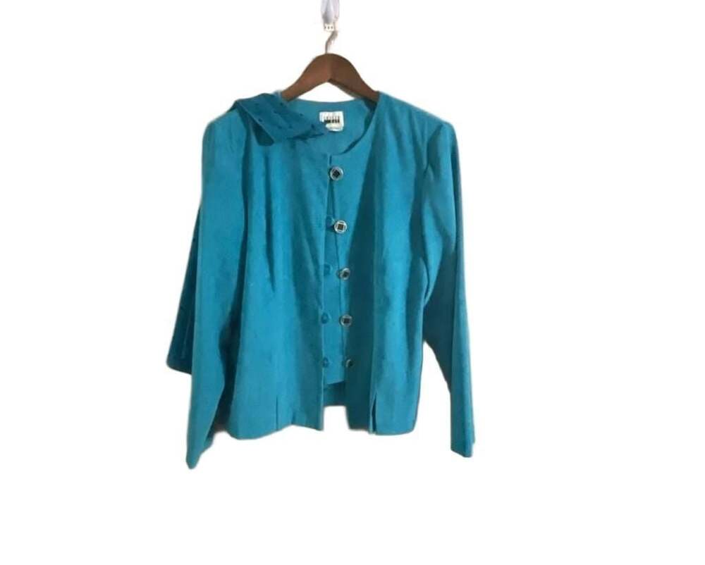 Leslie Fay Vintage Turquoise Button-Front Blazer with Attached Patterned Scarf